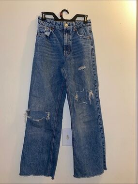 Zara Ripped Straight Wide Leg Denim Blue Distressed Jeans Size 2 /24